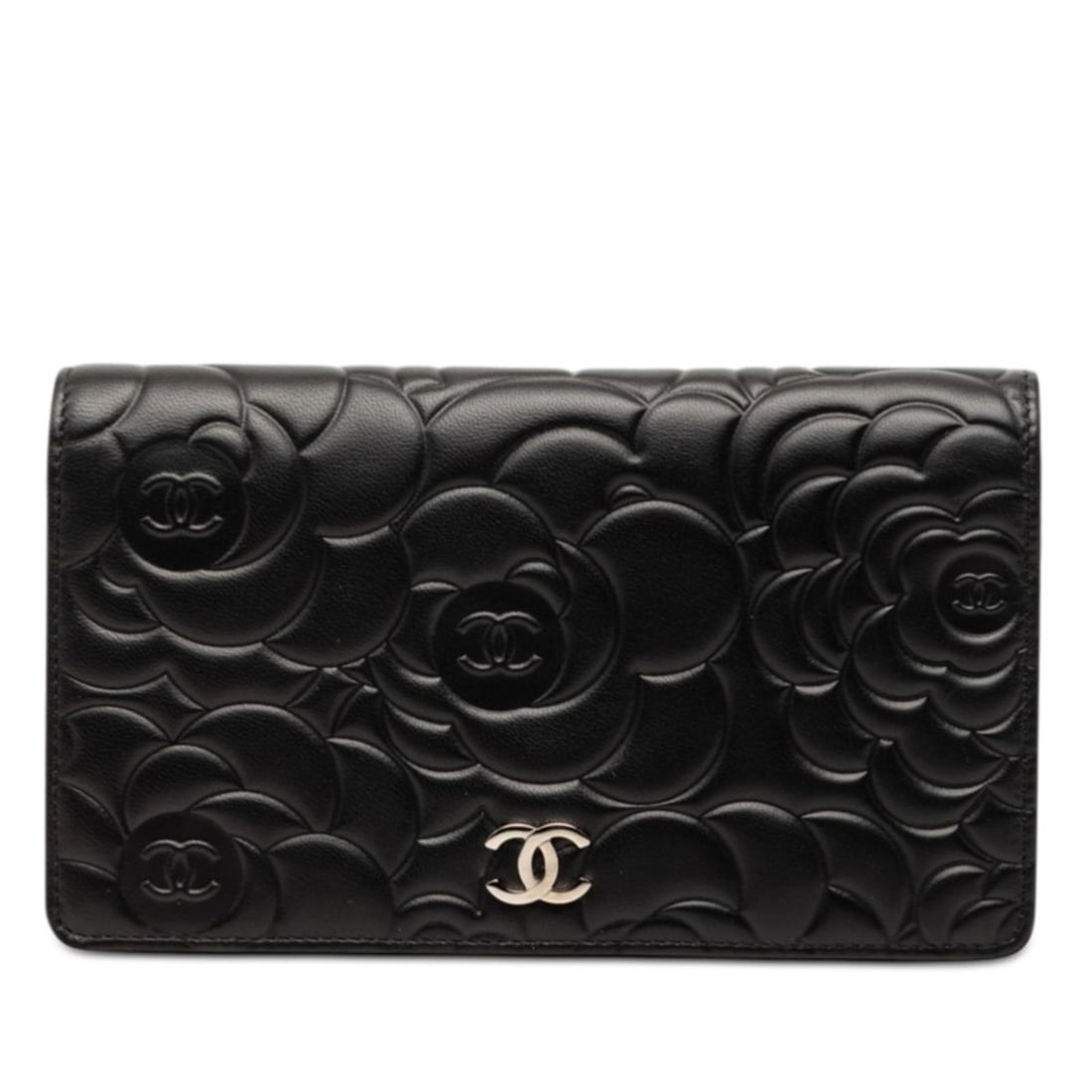 CHANEL Coco Mark Camellia Long Wallet Black Lambskin Women's: --- Catalog ---Category: SizeSize (HxWxD): 11cm x 18cm x 1.5cm / 4.33'' x 7.08'' x 0.59''Category: DesignType: Long wallet (bi-fold)Color: BlackGender: WomenMaterial: Leather Leather/Fur Type: Lambski