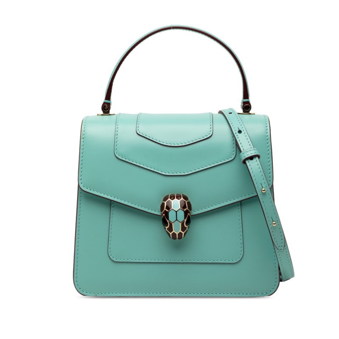 BVLGARI Serpenti Forever Calfskin Leather Top Handle Handbag/Shoulder Bag, 2-Way, Blue Leather,: --- Catalog ---Category: SizeSize (HxWxD): 14.5cm x 18.5cm x 10cm / 5.7'' x 7.28'' x 3.93''Category: DesignType: Handbag, Shoulder bagColor: BlueGender: WomenMaterial: Leather Category: GeneralBrand: