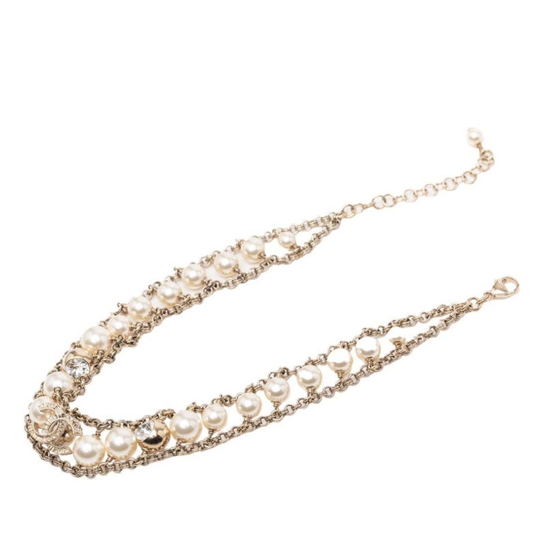 Chanel Coco Mark Pearl Choker Necklace with Gold-Plated Rhinestones for Women: --- Catalog ---Category: SizeNeck Circumference: 39 cm / 15.35''Category: DesignColor: GoldGender: WomenMaterial: RhinestoneNecklace Type: ChokerCategory: GeneralBrand: Chanel--- Item List ---Section: