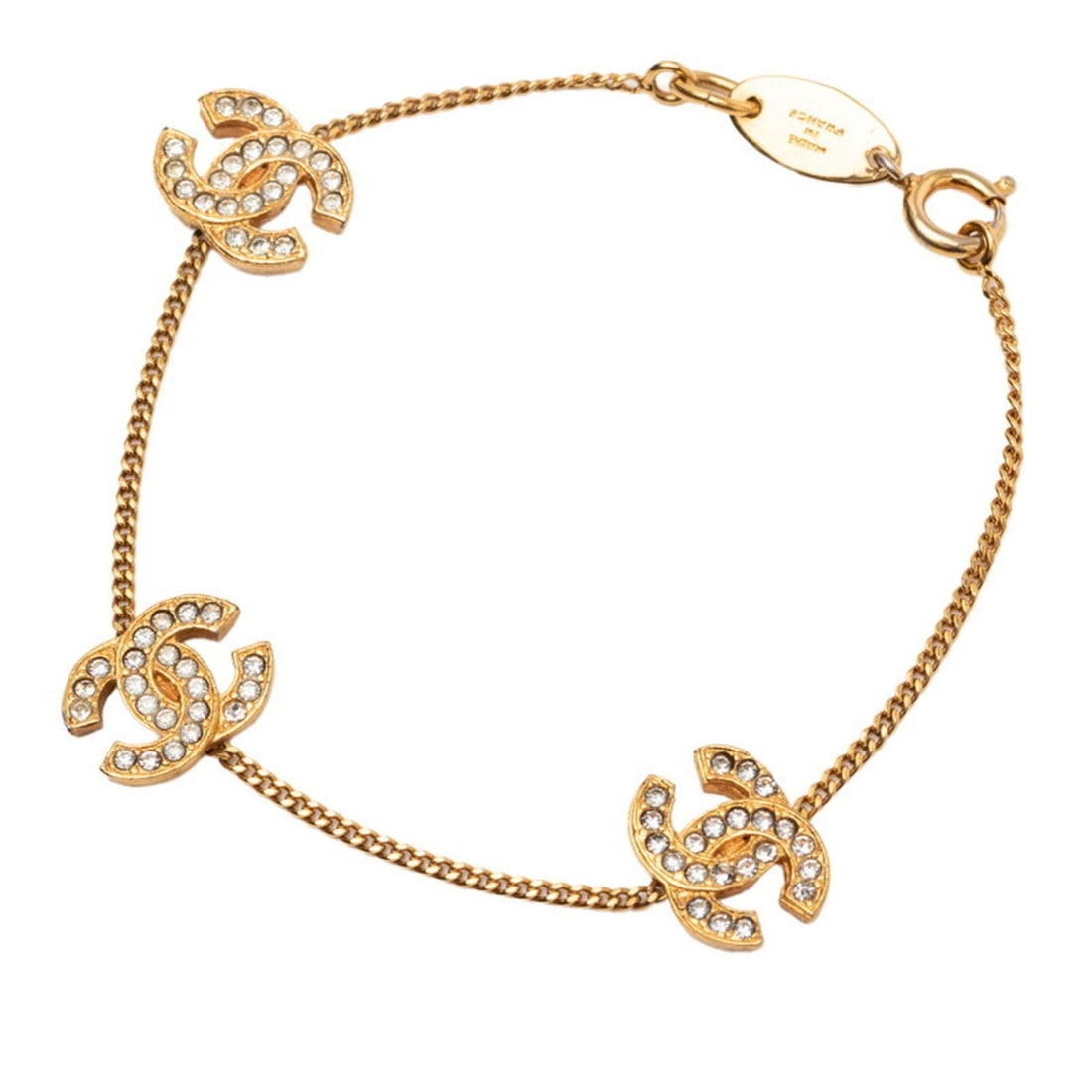 Chanel Coco Mark Bracelet, Gold Plated Rhinestones, Women's, CHANEL: --- Catalog ---Category: SizeLength: 17.5cm / 6.88''Category: DesignType: Charm braceletColor: GoldGender: WomenMaterial: RhinestoneCategory: GeneralBrand: Chanel--- Item List ---Section: ConditionRan