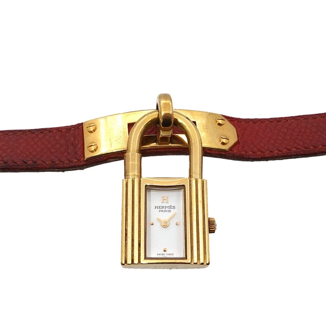 Hermès Kelly Watch Women's White and Red Quartz with Cadena: --- Catalog ---Category: SizeWrist Size: 13.5cm - 16.5cm / 5.31'' - 6.49''Case Diameter: 20mm / 0.79''Category: DesignType: WristwatchGender: WomenColor (Dial): WhiteMaterial (Band): Gold plated, Leat