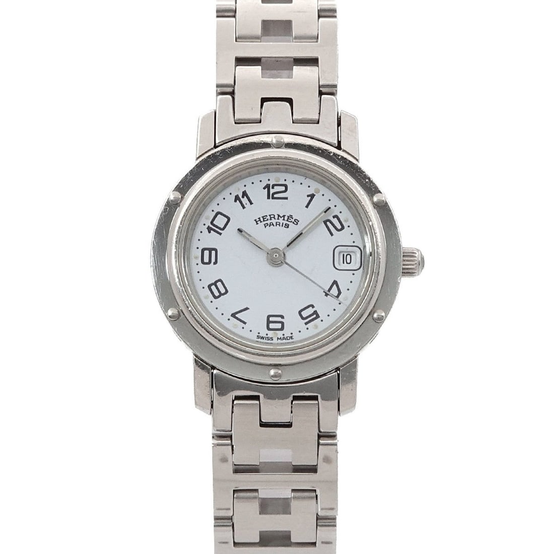 Hermès Clipper CL4 210 Women's Watch with Date, White Quartz Movement: --- Catalog ---Category: SizeWrist Size: 15cm / 5.9''Case Diameter: 24mm / 0.94''Category: DesignType: WristwatchGender: WomenColor (Dial): WhiteMaterial (Band): Stainless steelMaterial (Case): Stainl