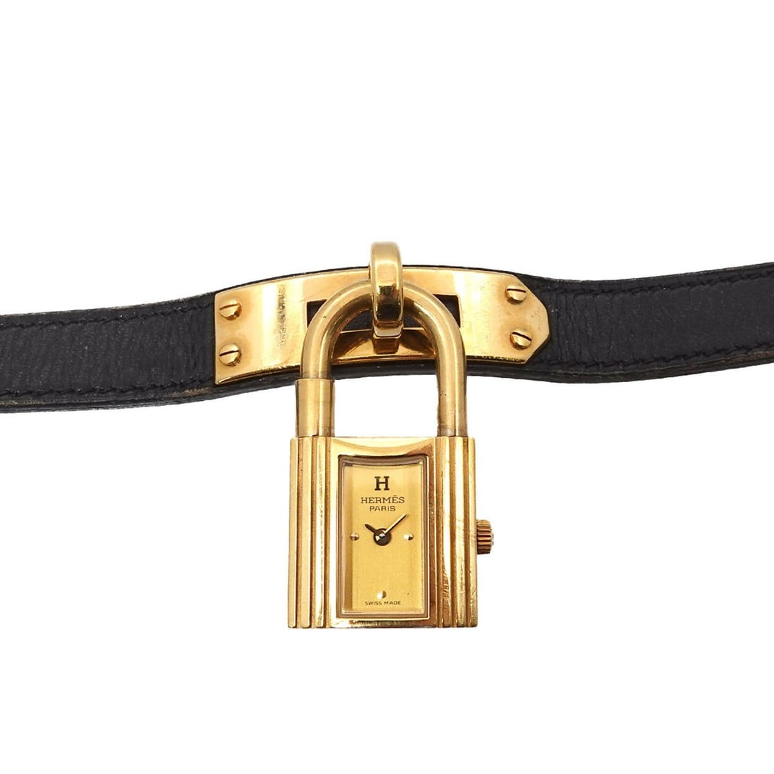 Hermès Kelly Watch Women's Gold and Black Quartz with Cadena: --- Catalog ---Category: SizeWrist Size: 13.5cm - 16.5cm / 5.31'' - 6.49''Case Diameter: 20mm / 0.79''Category: DesignType: WristwatchGender: WomenColor (Dial): GoldMaterial (Band): Gold plated, Leath