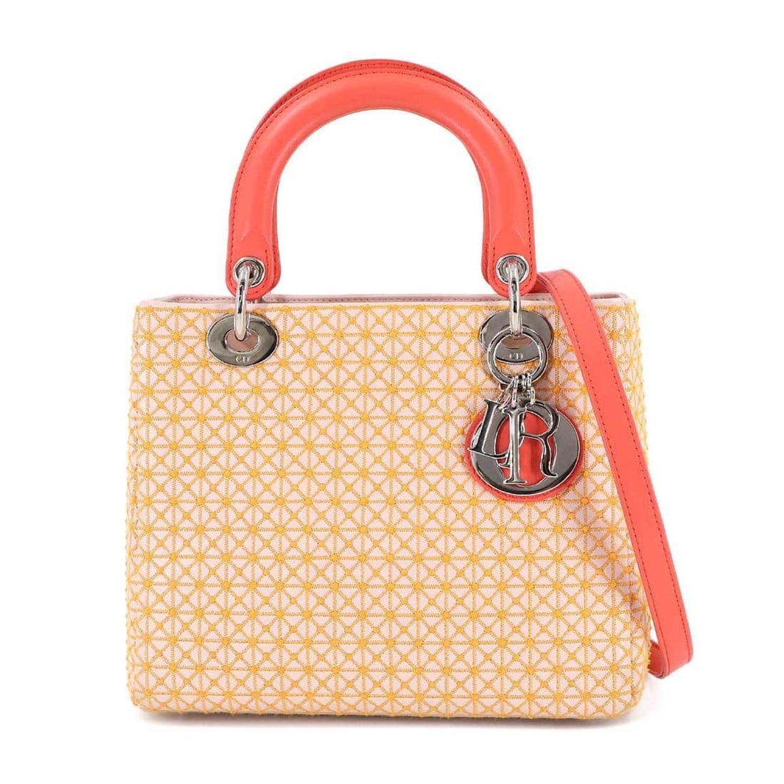 Christian Dior Lady Medium 2-Way Handbag, Leather, Embroidered, Pink/Orange: --- Catalog ---Category: SizeSize (HxWxD): 19.5cm x 24.5cm x 12cm / 7.67'' x 9.64'' x 4.72''Category: DesignType: HandbagColor: Orange, PinkGender: WomenMaterial: Leather Category: GeneralBrand: Chris