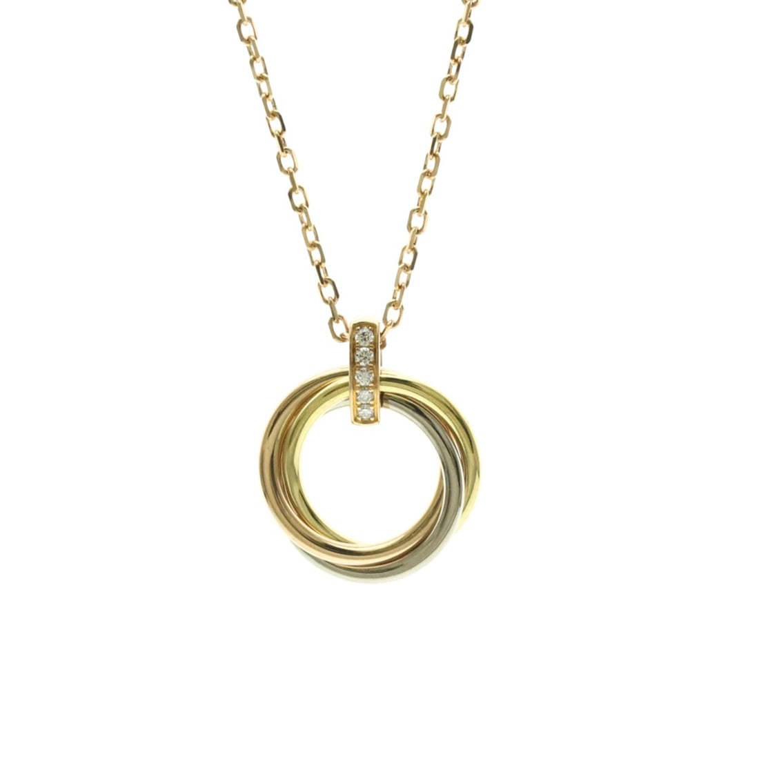 Cartier Trinity Diamond Necklace Yellow Gold (18K),Pink Gold (18K),White Gold (18K) Diamond: --- Catalog ---Category: SizeWeight: 8.9g / 0.31oz.Pendant Size: 22mm x 18.8mm / 0.86'' x 0.74''Neck Circumference: 41 cm / 16.14''Category: DesignColor: Gold, Pink gold, SilverMetal: Gold, White Gold