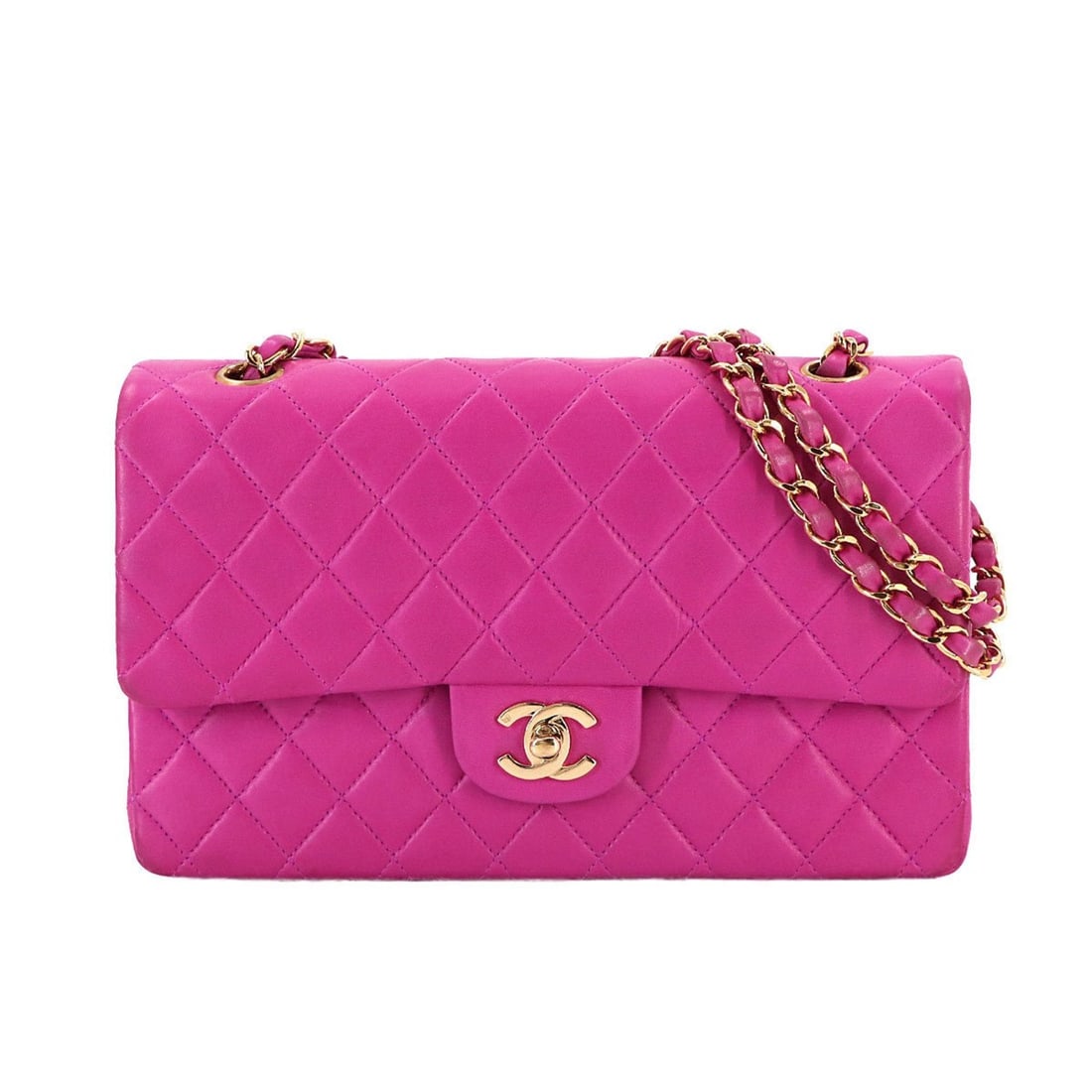 CHANEL Matelasse 25 Chain Shoulder Handbag in Pink Lambskin with Gold Hardware (A01112): --- Catalog ---Category: SizeSize (HxWxD): 14.5cm x 25cm x 6.5cm / 5.7'' x 9.84'' x 2.55''Category: DesignType: Handbag, Shoulder bagColor: PinkGender: WomenMaterial: Leather Leather/Fur Type: Lambski