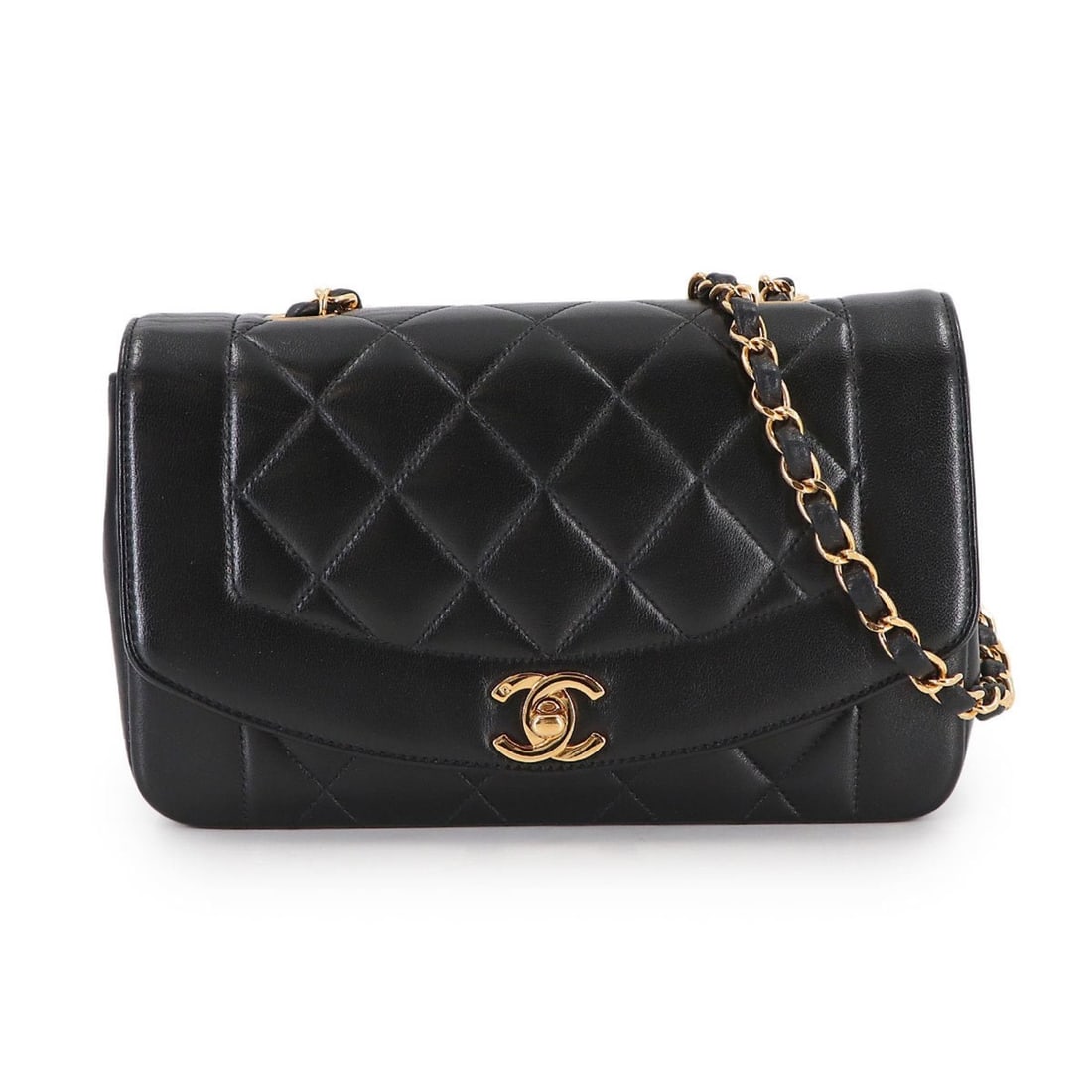 CHANEL Diana Matelasse 22 Chain Shoulder Handbag in Black Lambskin (A01164): --- Catalog ---Category: SizeSize (HxWxD): 14cm x 22cm x 7cm / 5.51'' x 8.66'' x 2.75''Category: DesignType: Handbag, Shoulder bagColor: BlackGender: WomenMaterial: Leather Leather/Fur Type: LambskinC