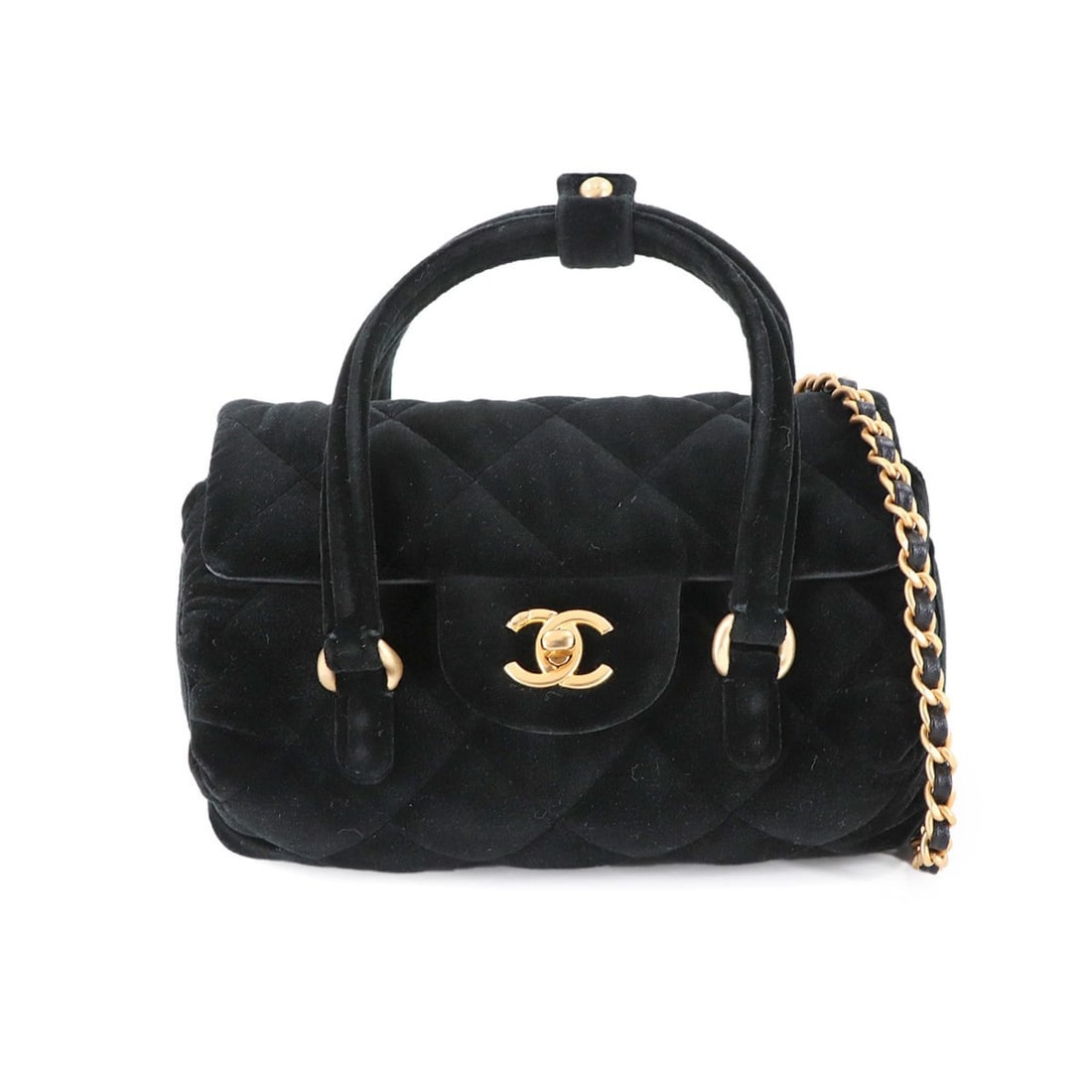 CHANEL Matelasse 2-way handbag with chain and shoulder strap in velvet, leather, black velour.: --- Catalog ---Category: SizeSize (HxWxD): 11cm x 17cm x 10cm / 4.33'' x 6.69'' x 3.93''Category: DesignType: Handbag, Shoulder bagColor: BlackGender: WomenMaterial: Velvet , Leather Category: General