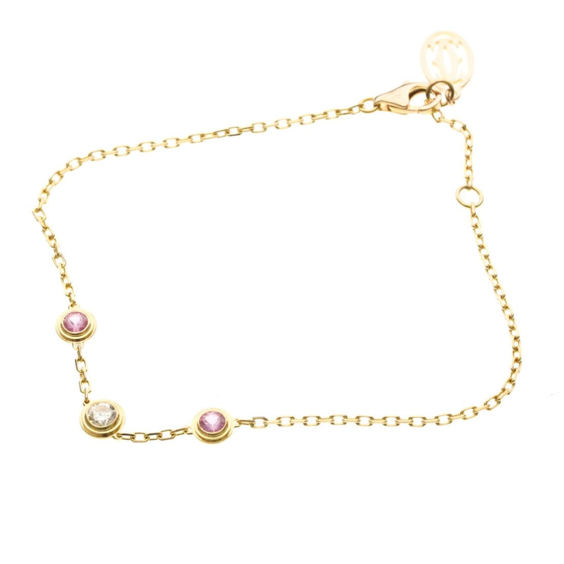 Cartier D'Amour Diamond And Pink Sapphire Bracelet Pink Gold (18K) Diamond,Sapphire Charm Bracelet: --- Catalog ---Category: SizeLength: 16cm - 18cm / 6.29'' - 7.08''Weight: 2.8g / 0.09oz.Stone Size (HxW): 5.5mm x 5.5mm / 0.21'' x 0.21''Category: DesignType: Charm braceletColor: Pink goldMetal: Gold