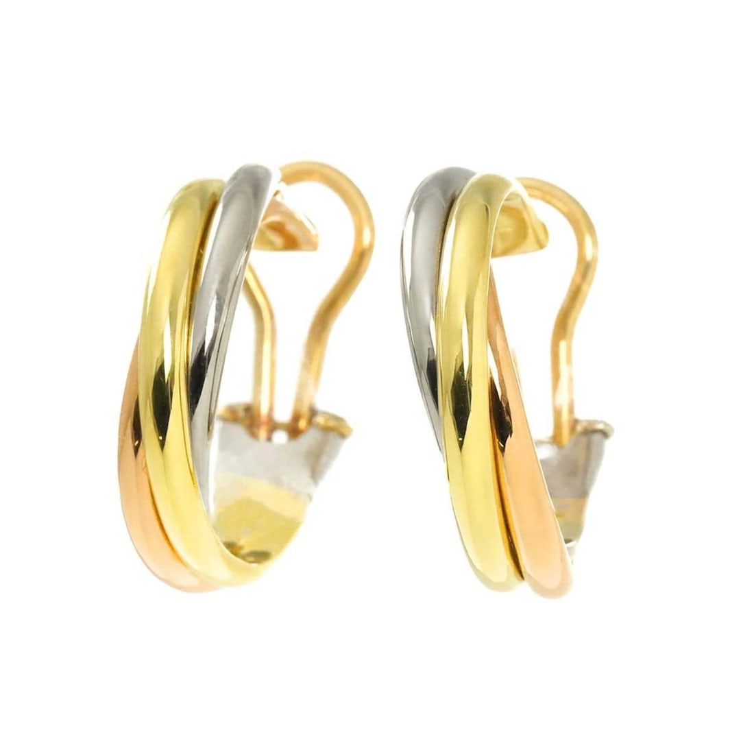 Cartier Trinity Earrings in 18K Yellow Gold, PG, and WG 750. Three-tone Earrings.: --- Catalog ---Category: SizeSize (HxWxD): 23.20mm x 5.00mm / 0.91'' x 0.20''Category: DesignType: Clip earringsGender: WomenMaterial: Pink gold (18K), White gold (18K), Yellow gold (18K)Category: Gen