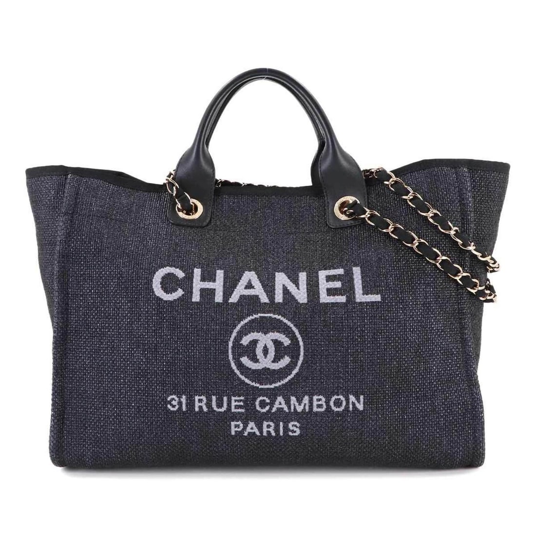 CHANEL Deauville GM 2-Way Tote with Chain Shoulder Bag, Raffia and Leather, Dark Gray, A66941: --- Catalog ---Category: SizeSize (HxWxD): 30cm x 49cm x 19cm / 11.81'' x 19.29'' x 7.48''Category: DesignType: Handbag, Tote bagColor: Black, Dark grayGender: WomenMaterial: Raffia , Leather Category