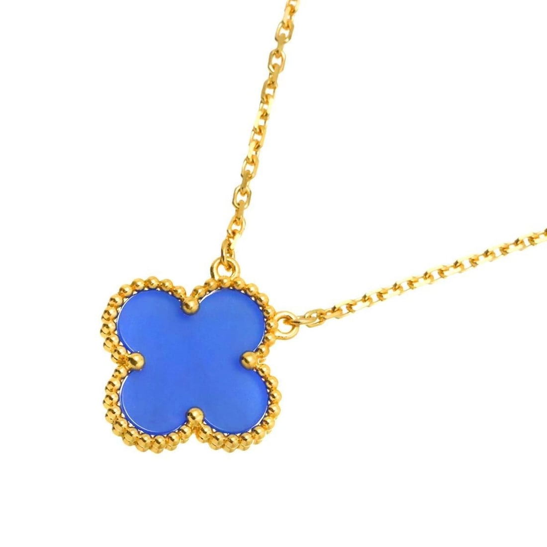 Van Cleef & Arpels Alhambra Blue Agate Necklace, 42cm, 18K Yellow Gold 750: --- Catalog ---Category: SizePendant Size: 15mm x 15mm / 0.59'' x 0.59''Neck Circumference: 42 cm / 16.53''Category: DesignGender: WomenMaterial: Yellow gold (18K)Necklace Type: NecklaceCategory: Gene