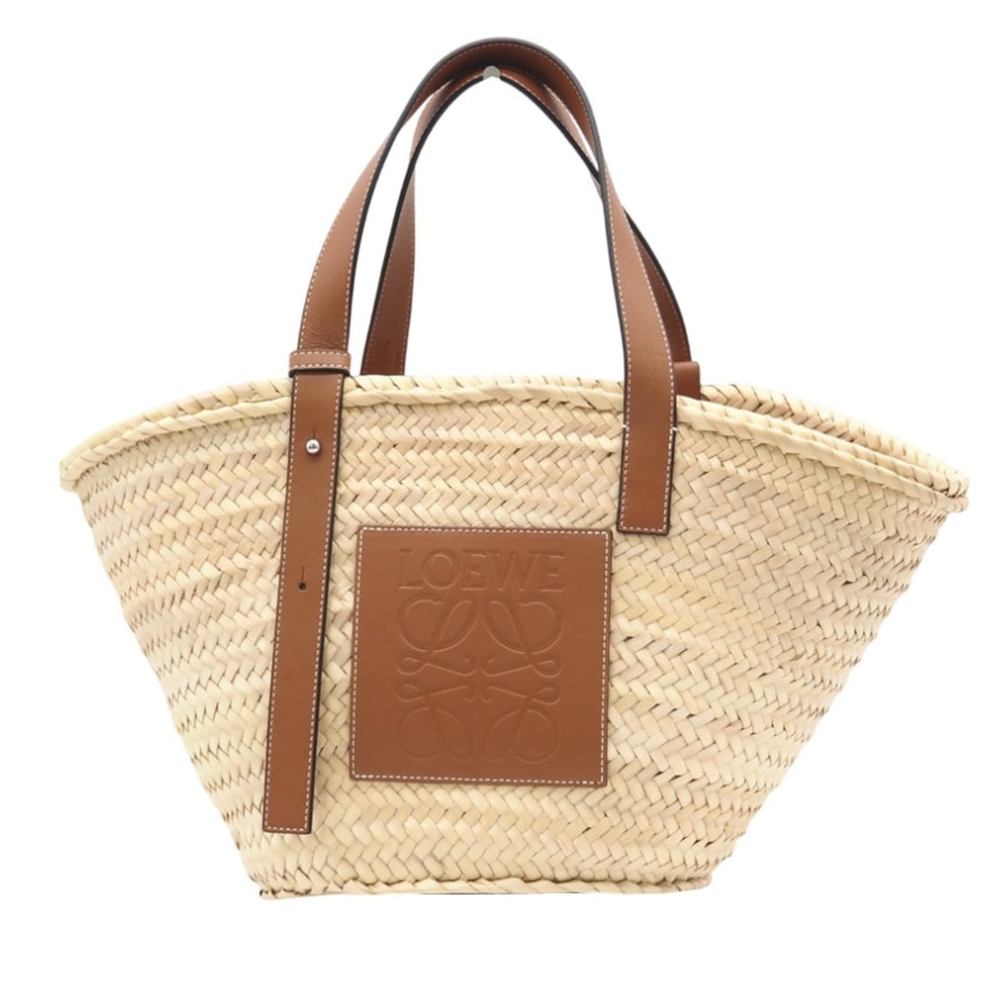 LOEWE Palm Leaf Calfskin Basket Bag, Medium, Natural, A546T37X01, Handbag, Brown, Beige, Raffia,: --- Catalog ---Category: SizeWeight: 383g / 13.5oz.Size (HxWxD): 26.5cm x 40cm x 16cm / 10.43'' x 15.74'' x 6.29''Handle Length: 55cm / 21.65''Category: DesignType: Basket, HandbagColor: Beige, BrownG