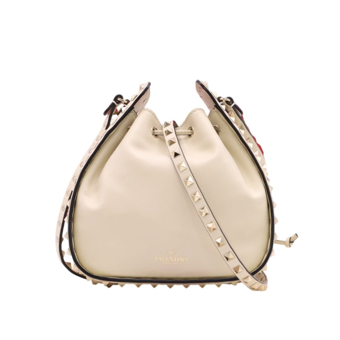 Valentino Rockstud Leather Small Bucket Shoulder Bag PW2B0178BOL, 2-way shoulder bag in ivory: --- Catalog ---Category: SizeWeight: 388g / 13.68oz.Size (HxWxD): 18.5cm x 20cm x 6.5cm / 7.28'' x 7.87'' x 2.55''Strap Length: 119cm / 46.85''Category: DesignType: Shoulder bagColor: IvoryGender: Wom