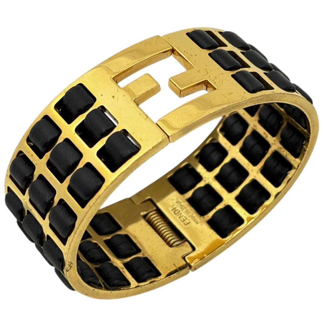 Fendi Zucca Logo Bangle, GP Leather, Gold and Black, Women's: --- Catalog ---Category: SizeLength: 14cm / 5.51''Category: DesignType: BangleColor: Black, GoldGender: WomenMaterial: Gold plating, LeatherCategory: GeneralBrand: Fendi--- Item List ---Section: Condi