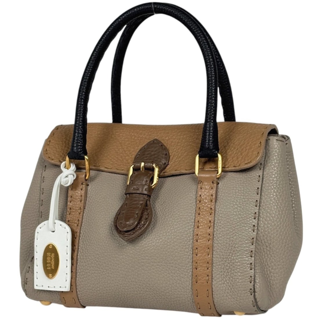 FENDI Selleria Mini Linda Handbag, Stitched Leather, Beige/Black, 8BR486, Women's (1 of 19)