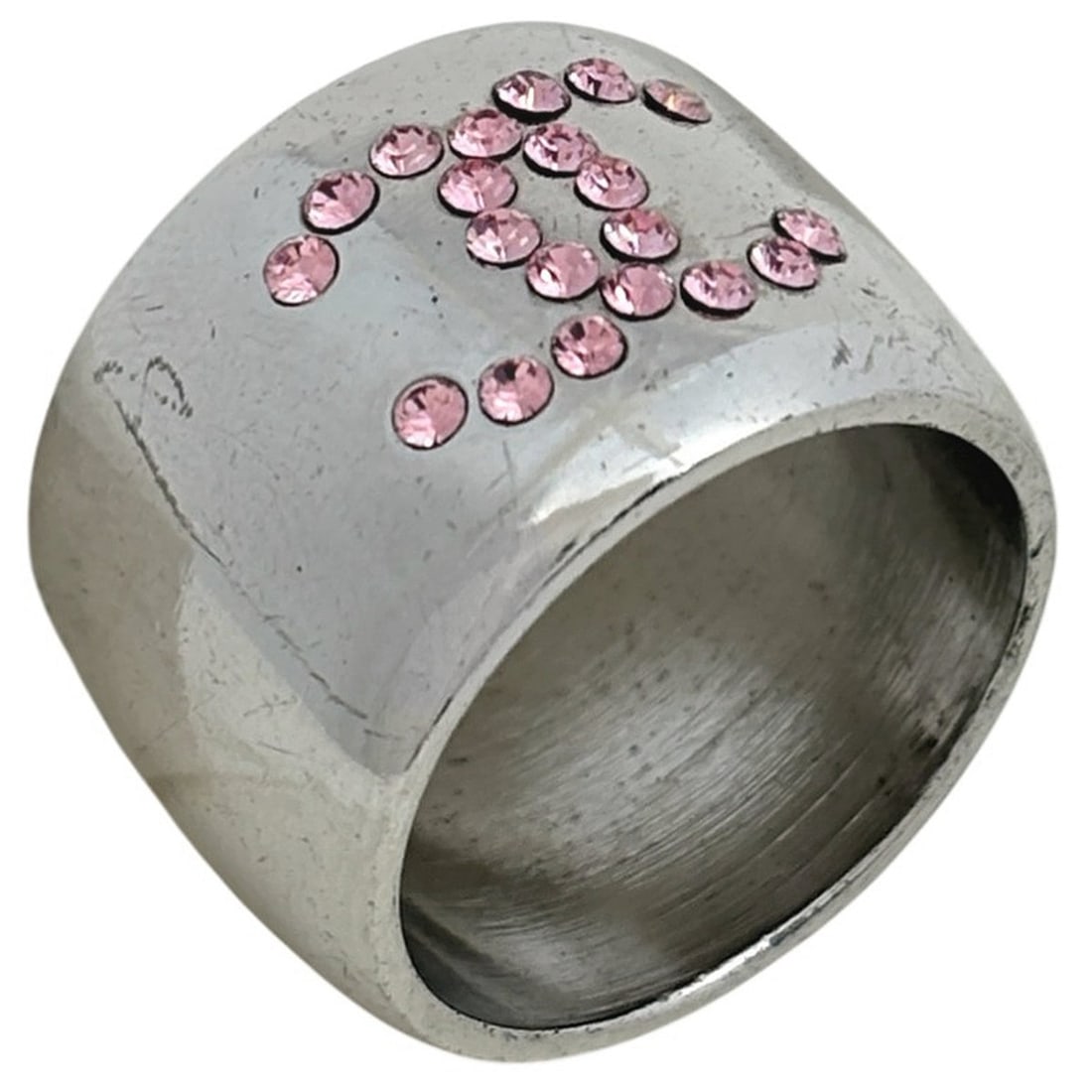 CHANEL Coco Mark Rhinestone Heart Ring, Silver Plated, Women's: --- Catalog ---Category: SizeJP Size: 14US Size: 7Category: DesignType: Band ringGender: WomenCategory: GeneralBrand: Chanel--- Item List ---Section: ConditionRanking: Rank B Used - Traces of usage, d