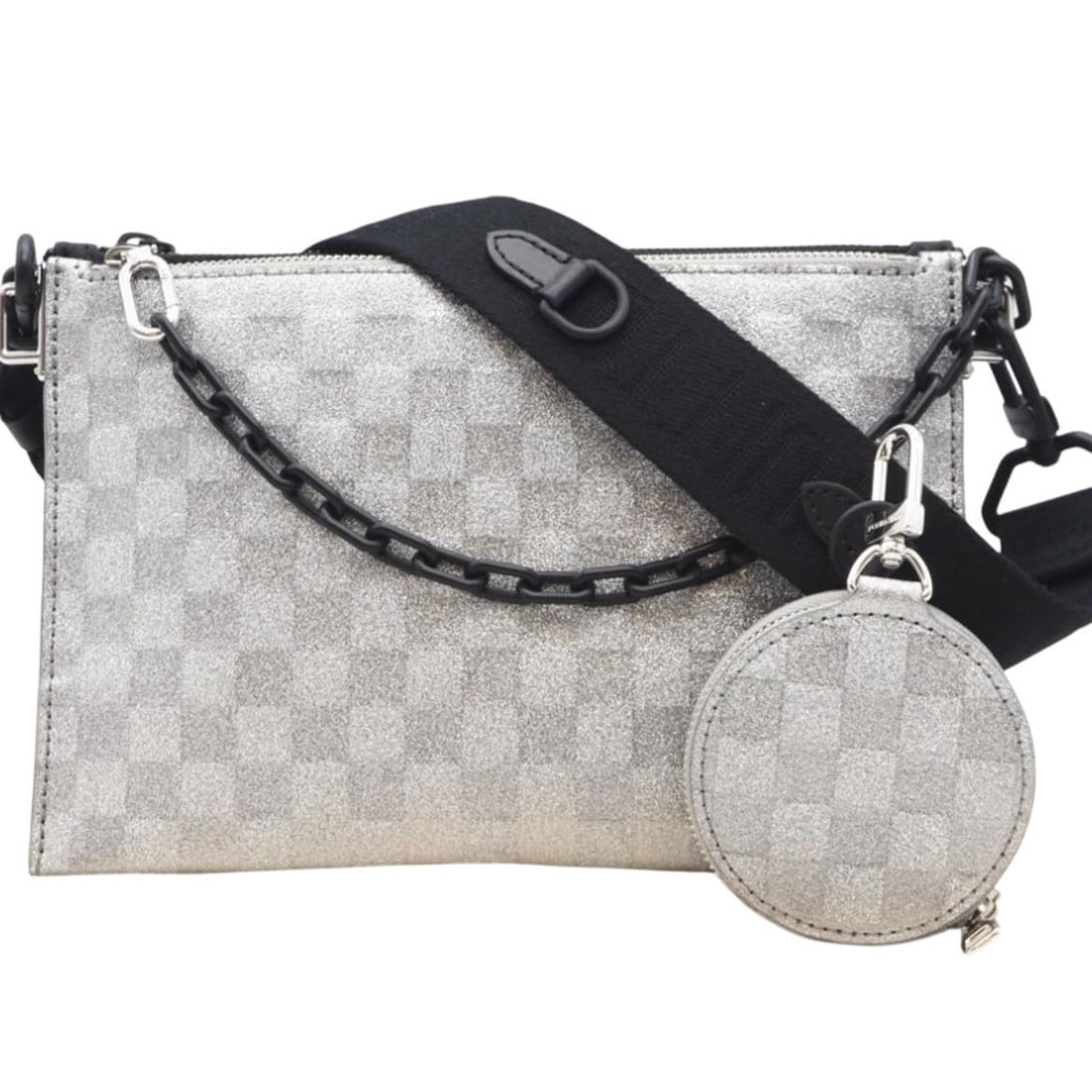 LOUIS VUITTON Damier Glitter Taurillon Monogram Trio Pouch NM M59682 2-way shoulder bag in silver: --- Catalog ---Category: SizeWeight: 754g / 1.66lb.Size (HxWxD): 27cm x 25cm x 2cm / 10.62'' x 9.84'' x 0.78''Strap Length: 132cm / 51.96''Handle Length: 35cm / 13.77''Category: DesignType: Shoulder b