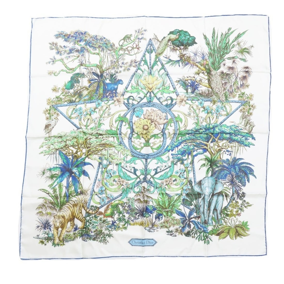 Christian Dior Etoile de Voyage Silk Large Scarf/Muffler in Star, Flower, Safari, White, and Blue: --- Catalog ---Category: SizeSize (LxW): 90cm x 90cm / 35.43'' x 35.43''Category: DesignType: ScarfColor: Blue, Pink, White, YellowGender: WomenMaterial: Silk Category: GeneralBrand: Christian DiorCou
