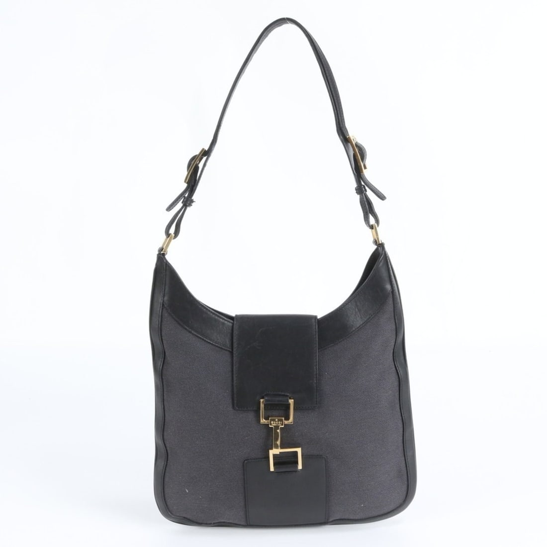 Gucci 001 4129 Leather Canvas One-Shoulder Bag Handbag Black Women's: --- Catalog ---Category: SizeSize (HxWxD): 24cm x 29cm x 1cm / 9.44'' x 11.41'' x 0.39''Strap Length: 53cm / 20.86''Category: DesignType: Handbag, Shoulder bagColor: BlackGender: WomenMaterial: Leathe