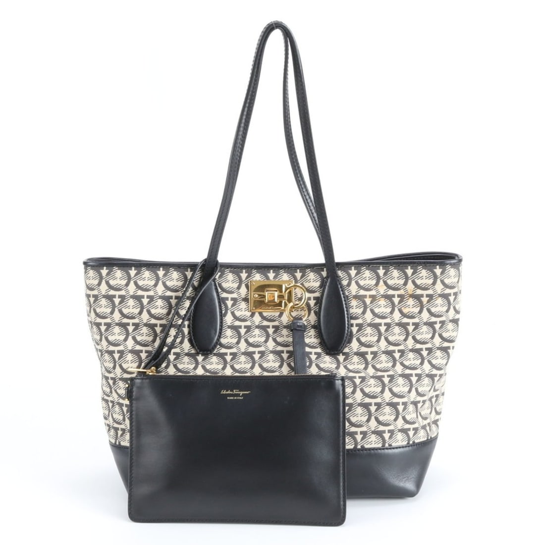 Salvatore Ferragamo Gancini Leather Canvas Tote Bag Shoulder for Women: --- Catalog ---Category: SizeSize (HxWxD): 25cm x 30cm x 15cm / 9.84'' x 11.81'' x 5.9''Handle Length: 55cm / 21.65''Category: DesignType: Tote bagColor: Beige, BlackGender: WomenMaterial: Leather , C