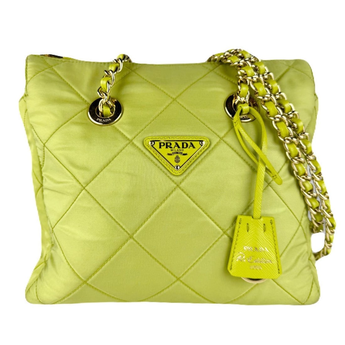 Prada Re-Edition 1995 Shoulder Bag, Nylon and Leather, Yellow-Green Gold, Women's, Free Shipping,: --- Catalog ---Category: SizeSize (HxWxD): 24cm x 25cm x 8cm / 9.44'' x 9.84'' x 3.14''Category: DesignType: Shoulder bagColor: Green, YellowGender: WomenMaterial: Nylon , Leather Category: GeneralBra