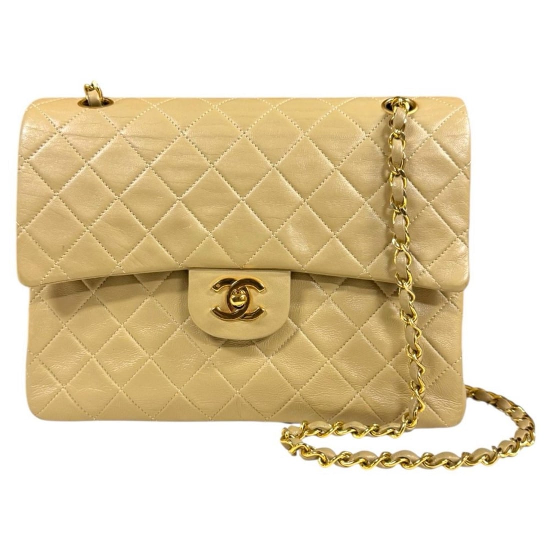 Pre-owned Chanel Matelasse Shoulder Bag in Beige Lambskin with Double Flap and Chain. (1 of 17)