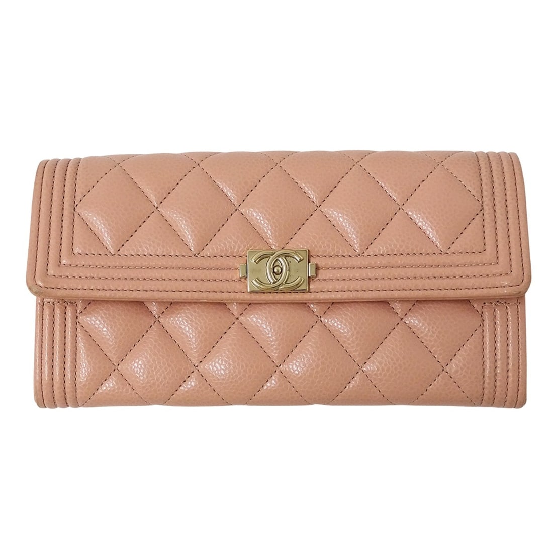 CHANEL Boy Chanel Women's Long Wallet in Caviar Leather with Pink and Gold Hardware: --- Catalog ---Category: SizeSize (HxWxD): 10.5cm x 19.5cm x 3.5cm / 4.13'' x 7.67'' x 1.37''Category: DesignType: Long wallet (bi-fold)Color: PinkGender: WomenMaterial: Grained Calfskin Category: Gen