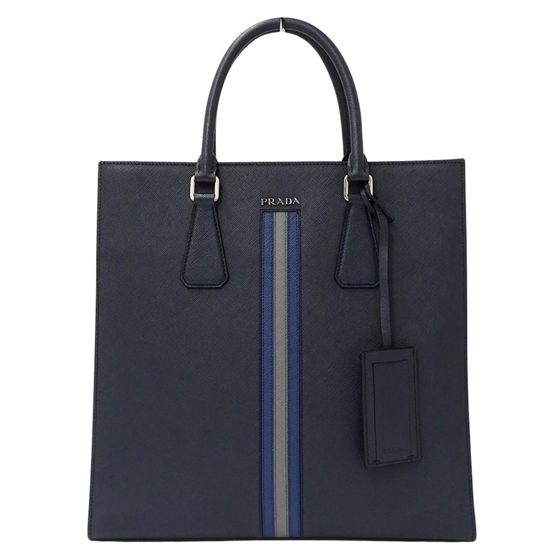 Prada Men's Saffiano Navy Tote Bag with Logo, 2VG083: --- Catalog ---Category: SizeSize (HxWxD): 34cm x 33.5cm x 7cm / 13.38'' x 13.18'' x 2.75''Category: DesignType: Handbag, Tote bagColor: NavyGender: MenMaterial: Leather Leather/Fur Type: Saffiano lea