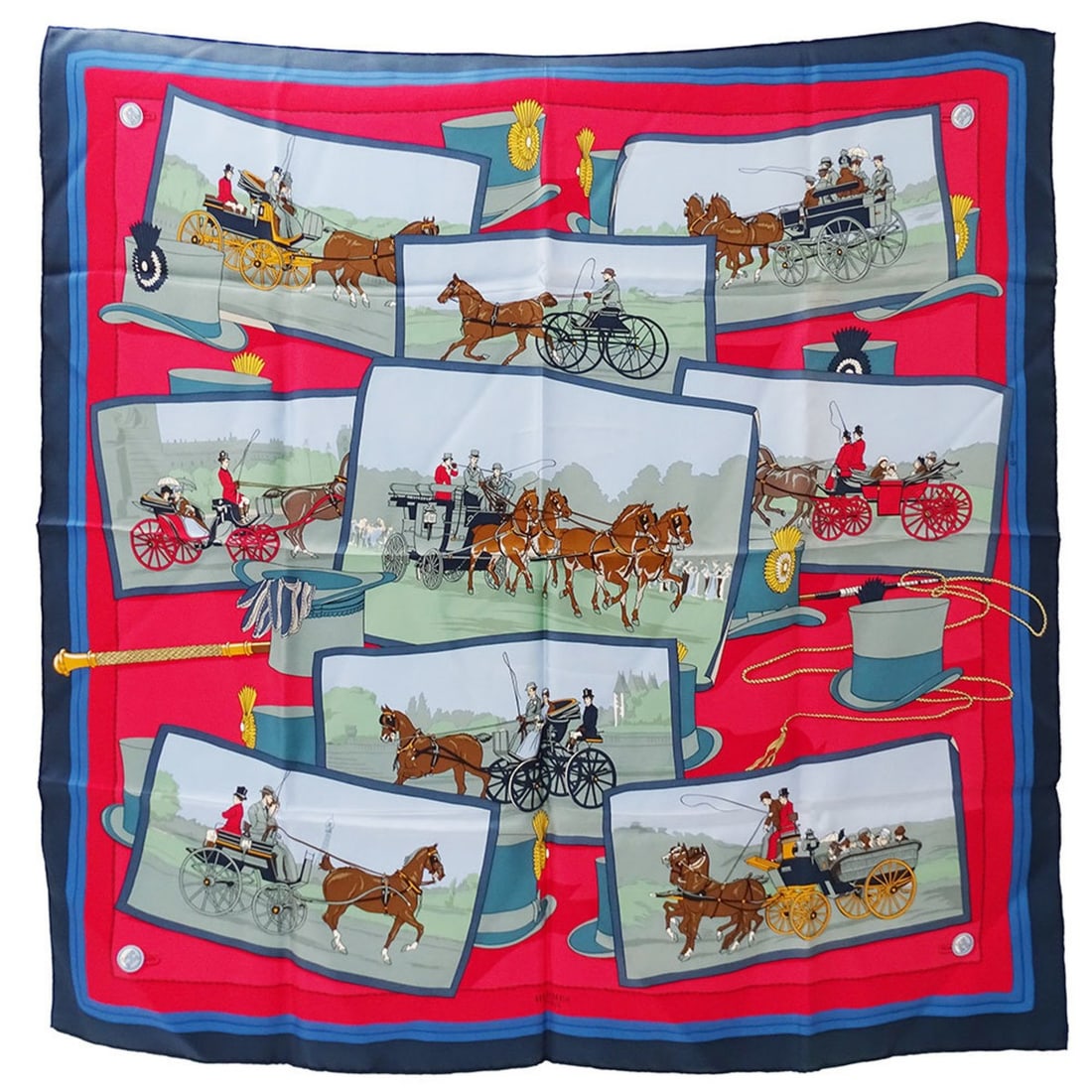Hermes Hermès Carriage Hat, a large, elegant, silk scarf featuring horse-drawn carriage and hat in: --- Catalog ---Category: SizeSize (LxW): 89cm x 89cm / 35.03'' x 35.03''Category: DesignType: ScarfColor: Blue, Red colorGender: WomenMaterial: Silk Category: GeneralBrand: HermesCountry of Origin: Fr