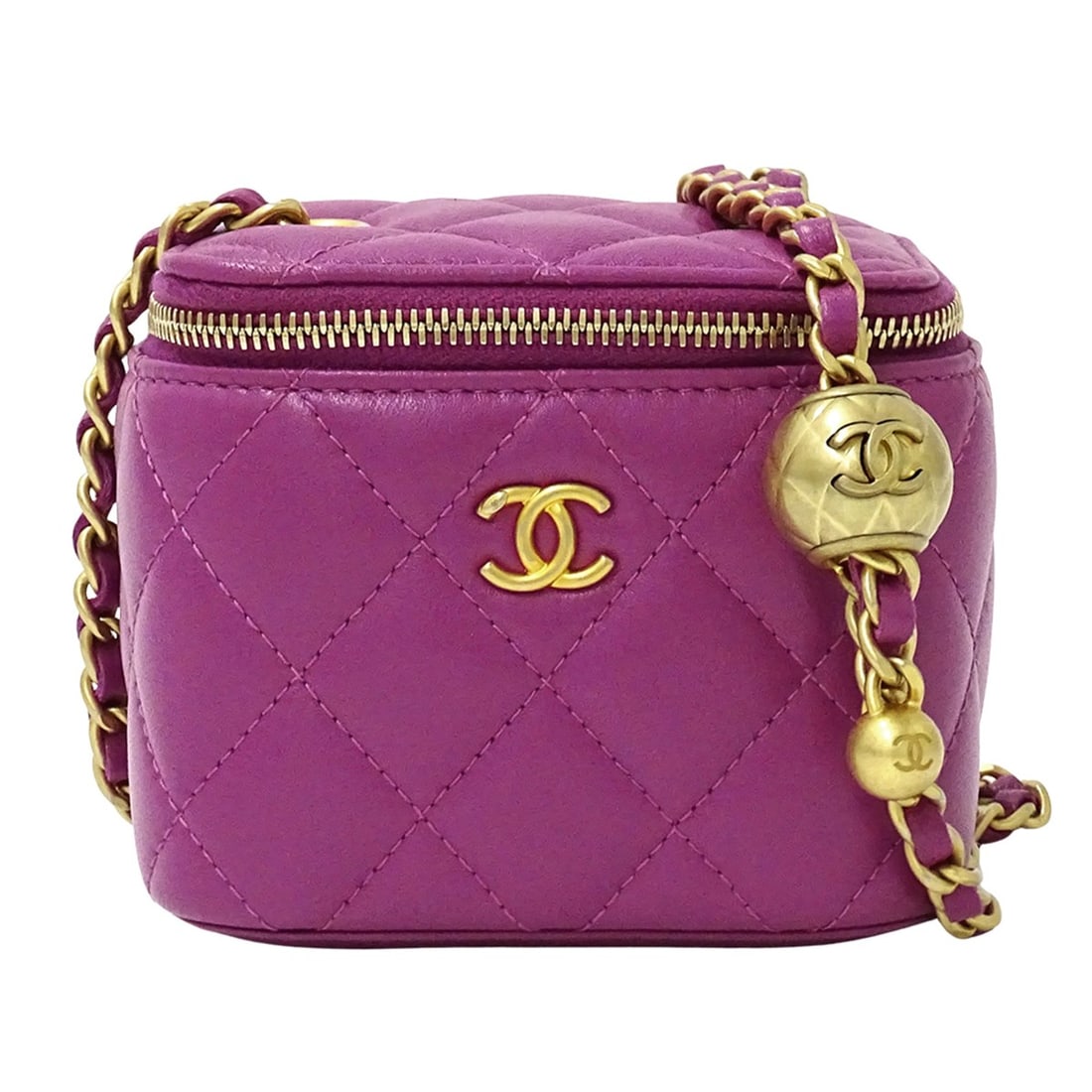 CHANEL Matelasse Coco Ball Handbag, Women's Brand, Shoulder Bag, Vanity Purple Lambskin, Gold: --- Catalog ---Category: SizeSize (HxWxD): 8.5cm x 10.5cm x 7cm / 3.34'' x 4.13'' x 2.75''Category: DesignType: Handbag, Shoulder bag, Vanity bagColor: PurpleGender: WomenMaterial: Leather Leather/Fur