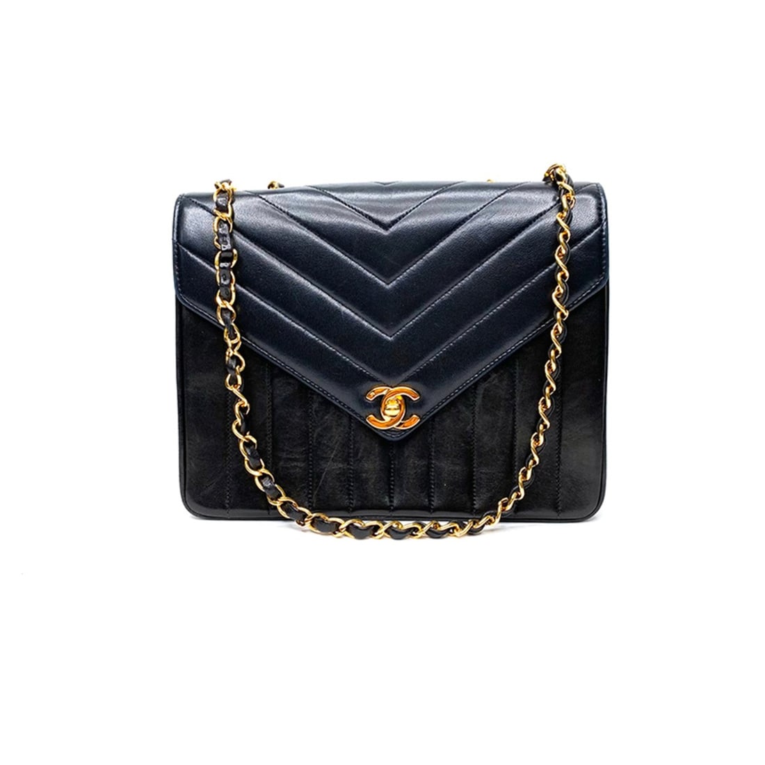 CHANEL V-Stitch Double Chain Shoulder Bag 1986-1988, Lambskin, Black, WS1699: --- Catalog ---Category: SizeSize (HxWxD): 23cm x 18cm x 8cm / 9.05'' x 7.08'' x 3.14''Strap Length: 34cm - 62cm / 13.38'' - 24.4''Category: DesignType: Shoulder bagColor: BlackGender: WomenMaterial: