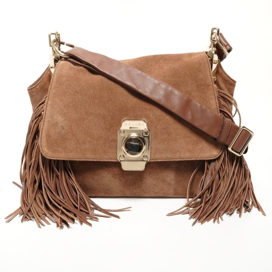 Celine Fringed Suede Shoulder Bag, Brown, WS27165: --- Catalog ---Category: SizeSize (HxWxD): 23cm x 34cm x 8cm / 9.05'' x 13.38'' x 3.14''Strap Length: 107cm - 128cm / 42.12'' - 50.39''Category: DesignType: Shoulder bagColor: BrownGender: WomenMateri
