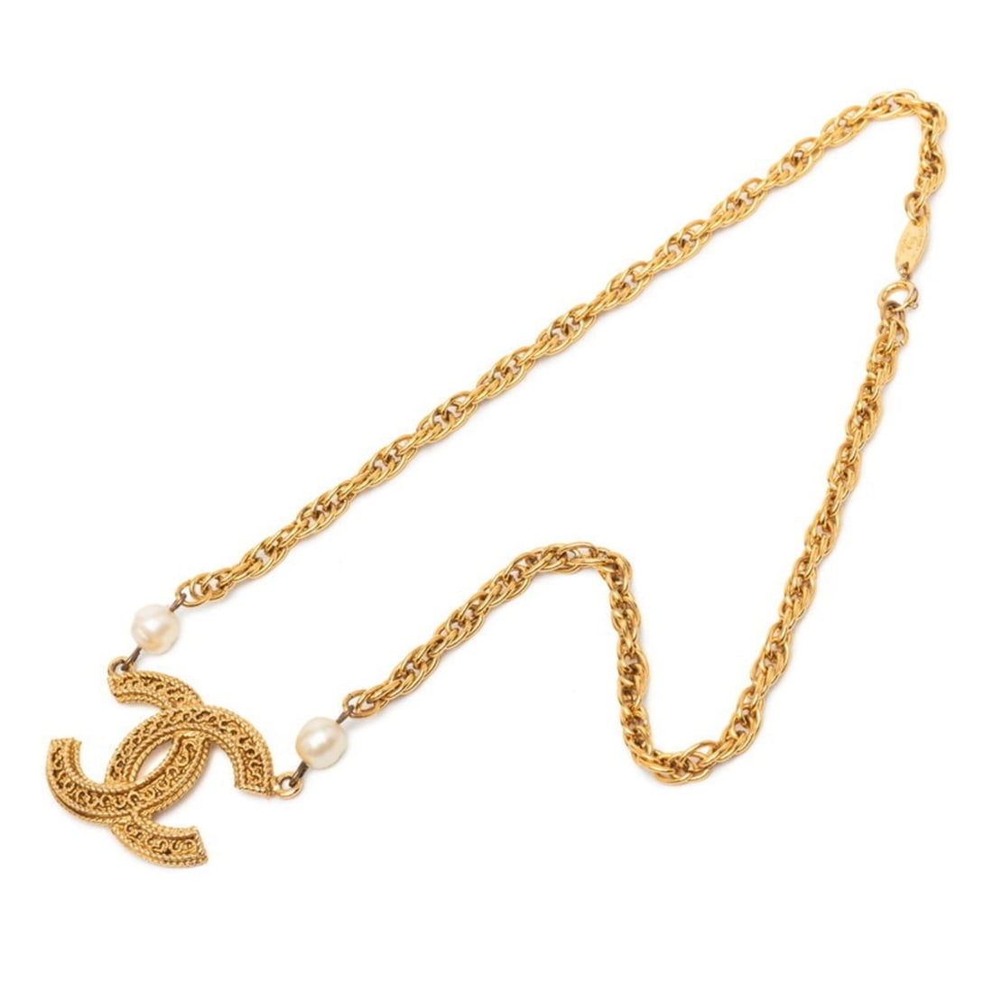 Vintage Chanel Coco Mark Pearl Chain Necklace, Gold Plated, Women's: --- Catalog ---Category: SizePendant Size: 26.7mm x 35.4mm / 1.05'' x 1.39''Neck Circumference: 44 cm / 17.32''Category: DesignColor: GoldGender: WomenNecklace Type: NecklaceCategory: GeneralBrand: Ch