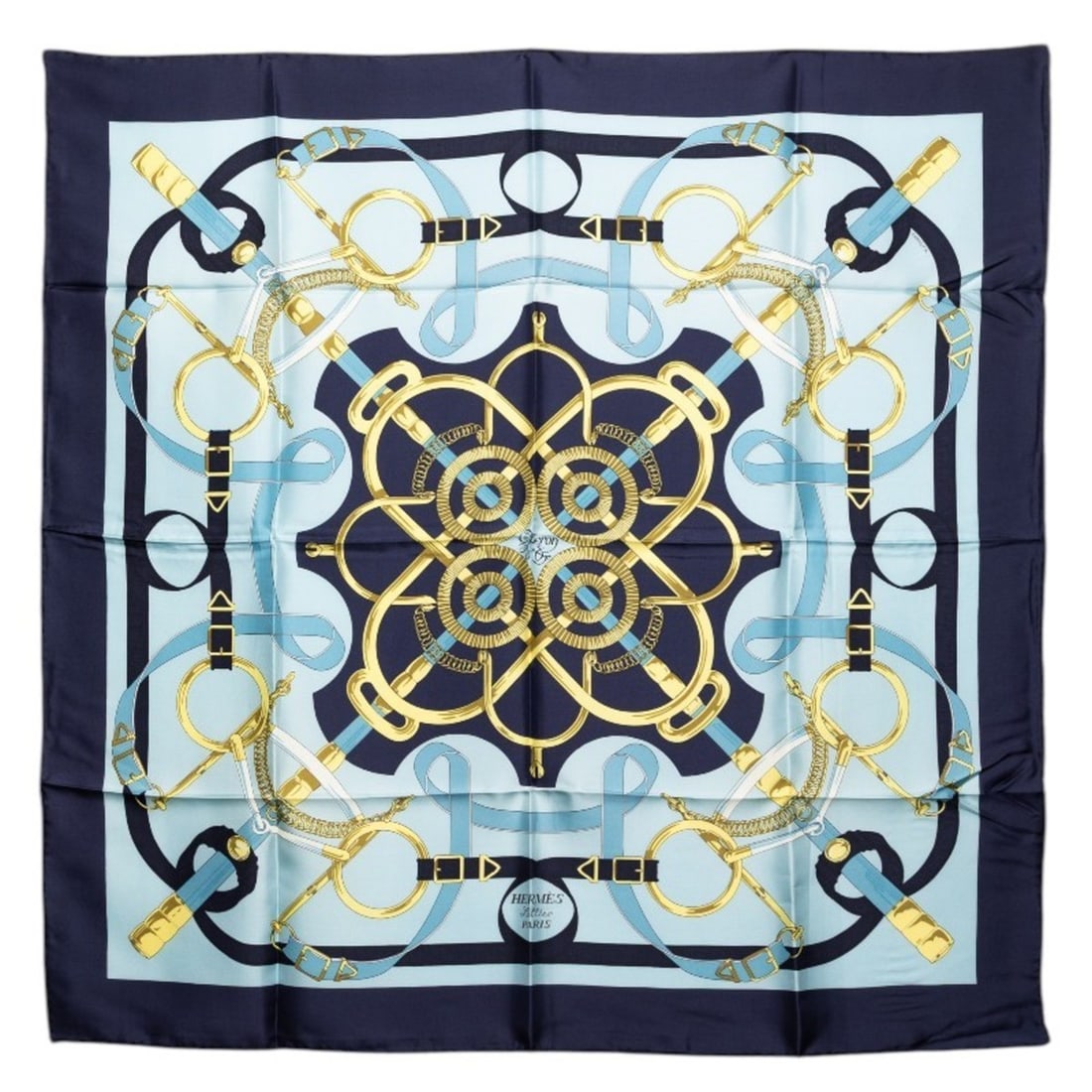 Hermes Hermès Carré 90 Eperon d'or Golden Spur Scarf/Muffler in Blue and Yellow Silk for Women (1 of 13)