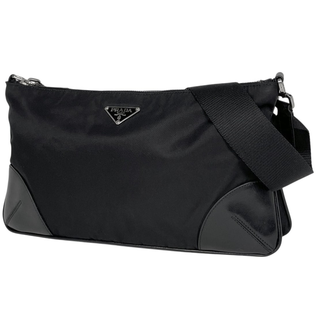 Prada Logo Plate Shoulder Bag in Nero Nylon (Black) for Women (1 of 8)