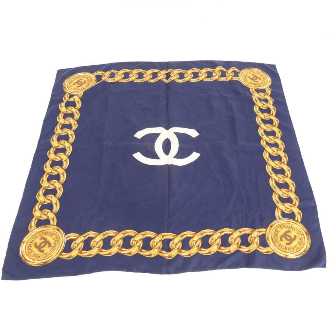Chanel Coco Mark Chain Stole Scarf/Muffler Navy Women's: --- Catalog ---Category: SizeSize (LxW): 83cm x 83cm / 32.67'' x 32.67''Category: DesignType: StoleColor: NavyGender: WomenCategory: GeneralBrand: Chanel--- Item List ---Section: ConditionRanking: Ran