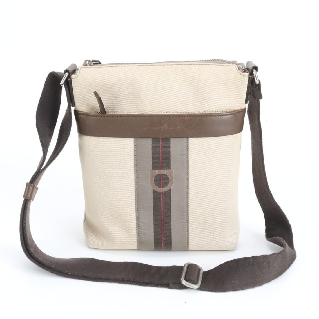 Salvatore Ferragamo Gancini Leather Canvas Shoulder Bag/Messenger Bag for Men: --- Catalog ---Category: SizeSize (HxWxD): 25cm x 20cm x 6cm / 9.84'' x 7.87'' x 2.36''Strap Length: 93cm / 36.61''Category: DesignType: Messenger bag, Shoulder bagColor: Beige, BrownGender: MenMateri