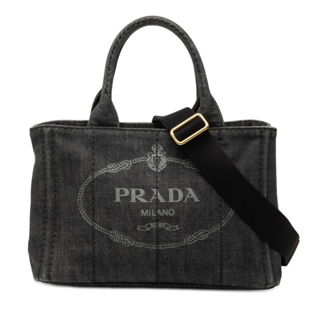 Prada Canapa Tote Bag with Triangle Logo Plate, Handbag/Shoulder Bag, 2-Way, 1BG439, Black Denim,: --- Catalog ---Category: SizeSize (HxWxD): 18cm x 29cm x 15cm / 7.08'' x 11.41'' x 5.9''Category: DesignType: Handbag, Shoulder bag, Tote bagColor: BlackGender: WomenMaterial: Denim Category: GeneralM
