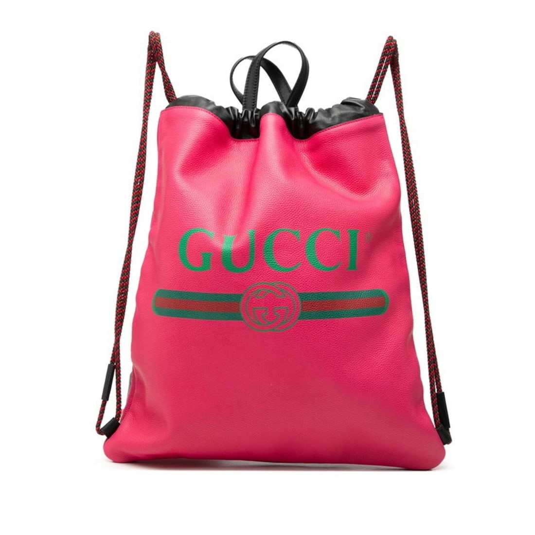 Gucci Print Drawstring Backpack Knapsack 516639 Pink Black Leather Women's GUCCI: --- Catalog ---Category: SizeSize (HxWxD): 43cm x 37cm x 1cm / 16.92'' x 14.56'' x 0.39''Category: DesignType: Backpack, Beach bagColor: Black, PinkGender: WomenMaterial: Leather Category: GeneralMPN: