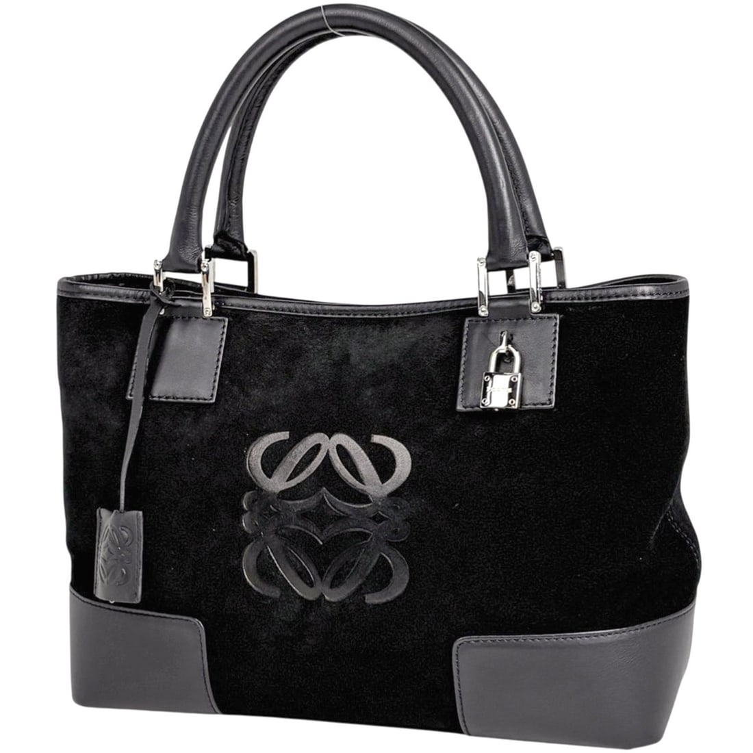 LOEWE Amazona Fusta Anagram Tote Bag, Suede Black, Women's: --- Catalog ---Category: SizeSize (HxWxD): 21cm x 30cm x 12.5cm / 8.26'' x 11.81'' x 4.92''Category: DesignType: Handbag, Tote bagColor: BlackGender: WomenMaterial: Suede , Leather Category: GeneralBr