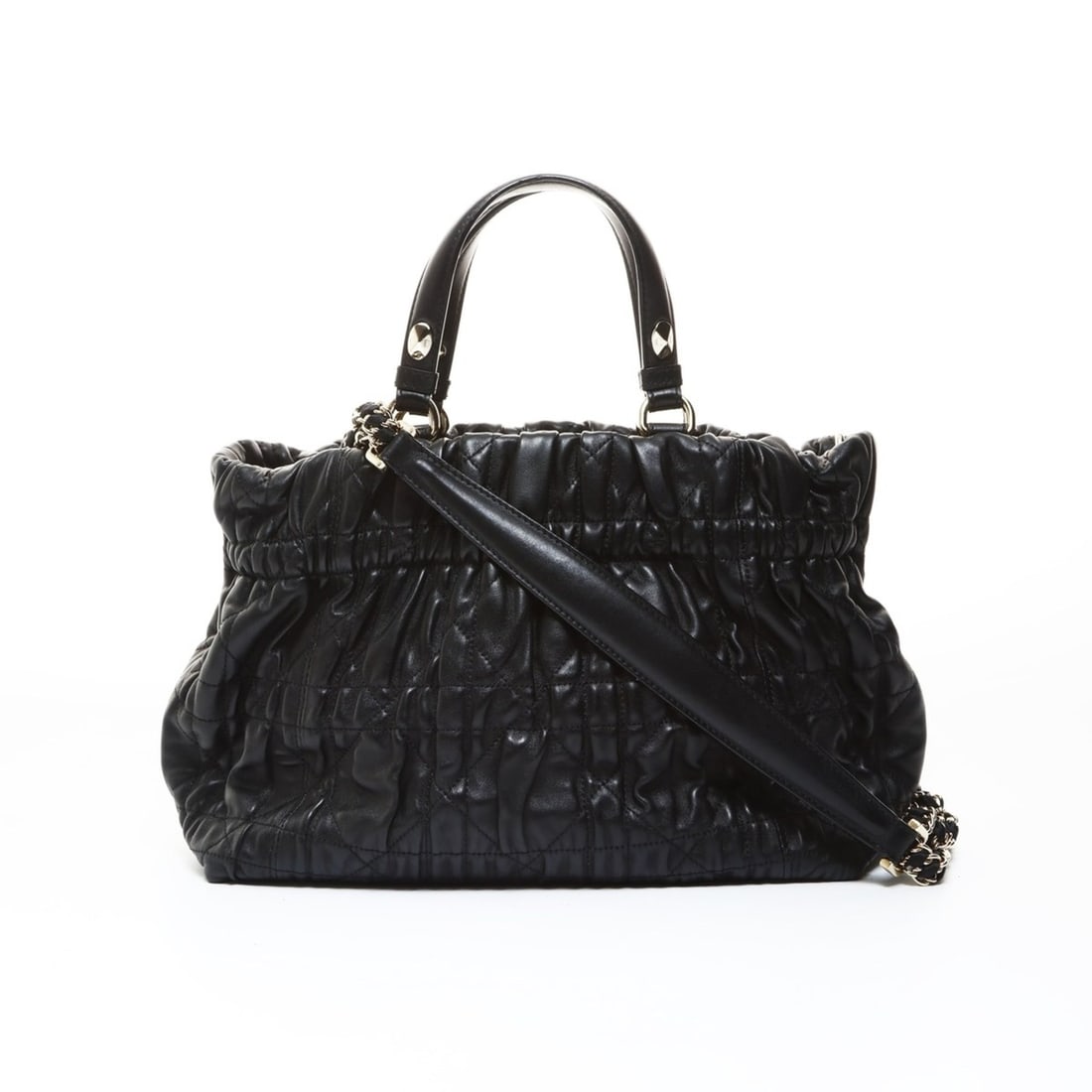 Christian Dior Leather Gathered 2-Way Tote Bag, Black, WS26549: --- Catalog ---Category: SizeHandle Drop: 12.00cm / 4.72''Size (HxWxD): 24cm x 38cm x 11cm / 9.44'' x 14.96'' x 4.33''Strap Length: 70cm / 27.55''Category: DesignType: Tote bagColor: BlackGender: Wome
