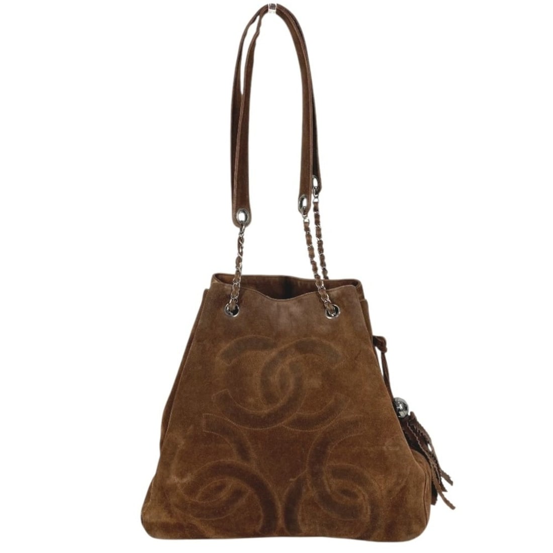 Vintage CHANEL CC Coco Mark, Triple Coco, Ball, Fringe, Tassel, Shoulder Bag, Double Chain, Suede: --- Catalog ---Category: SizeSize (HxWxD): 31cm x 30cm x 17cm / 12.2'' x 11.81'' x 6.69''Category: DesignType: Shoulder bag, Tote bagColor: BrownGender: Men,WomenSeason: VintageMaterial: Suede Categor