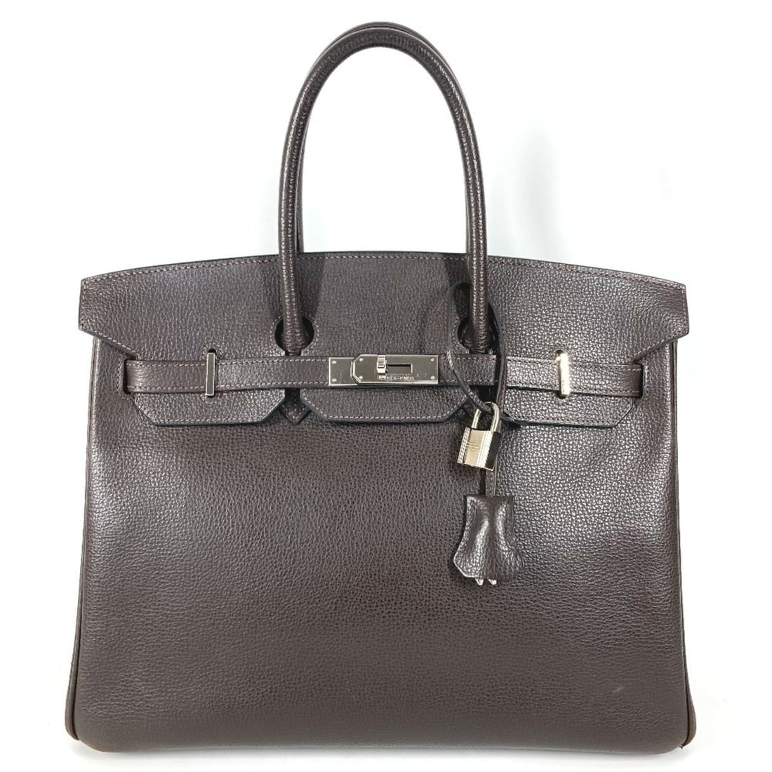 HERMES Birkin 35 Tote Bag Handbag for Men and Women, Cafe Style, Brown with Sterling Silver Hardware: --- Catalog ---Category: SizeSize (HxWxD): 28cm x 34.5cm x 18cm / 11.02'' x 13.58'' x 7.08''Category: DesignType: Handbag, Tote bagColor: BrownGender: Men,WomenMaterial: Vache Liegee leather Category: