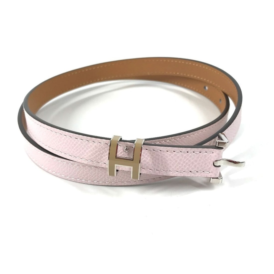 HERMES Pop Ash H Logo Buckle Belt, Thin Leather Women's, Mauve Pale Pink, Like New: --- Catalog ---Category: SizeWidth: 1.4cm / 0.55''Length: 76cm - 81cm / 29.92'' - 31.88''Category: DesignType: Standard beltColor: PinkGender: WomenMaterial (Strap): Leather Category: GeneralBrand: He