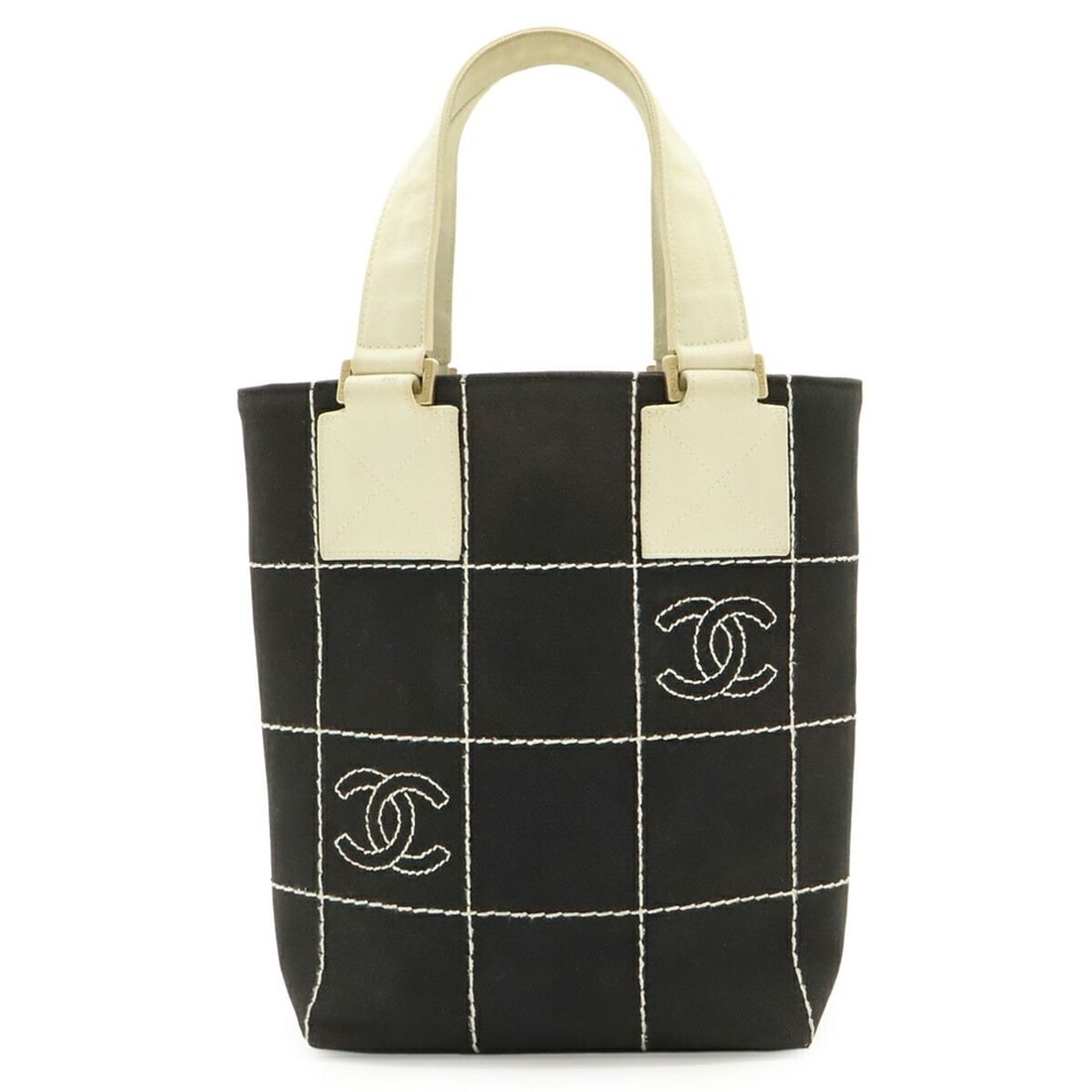 CHANEL Chocolate Bar Coco Mark Tote Bag, Handbag, Canvas, Black, White, A21375: --- Catalog ---Category: SizeSize (HxWxD): 26cm x 19cm x 9.5cm / 10.23'' x 7.48'' x 3.74''Category: DesignType: Handbag, Tote bagColor: Black, White, YellowGender: WomenMaterial: Canvas Category: Gene