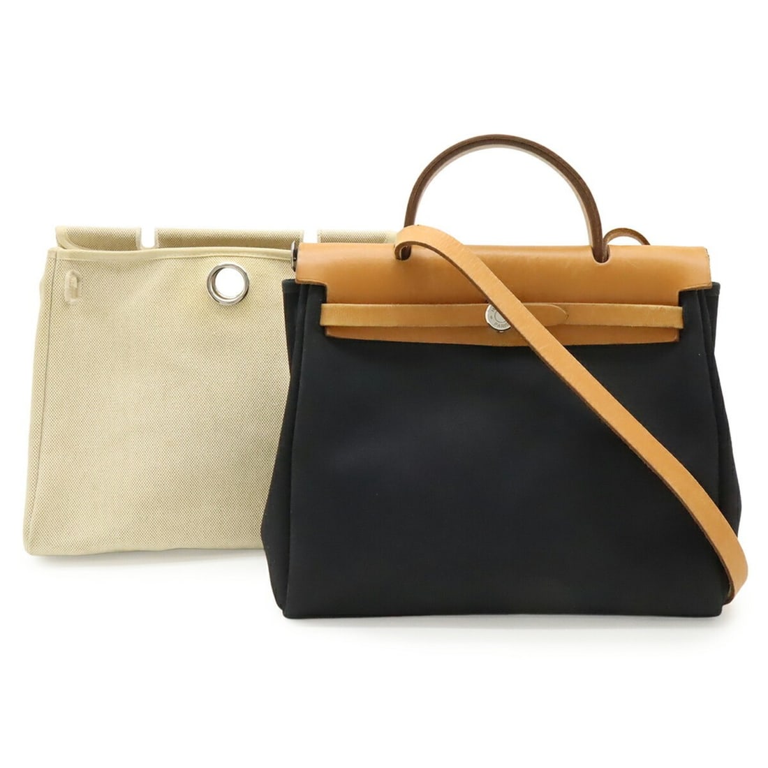 HERMES Hermès Airbag PM Backpack/Handbag, Toile Officier Leather, Black, E Stamp: --- Catalog ---Category: SizeSize (HxWxD): 28cm x 28.5cm x 11cm / 11.02'' x 11.22'' x 4.33''Category: DesignType: Backpack, HandbagColor: Black, Light brown, YellowGender: WomenMaterial: Toile officie