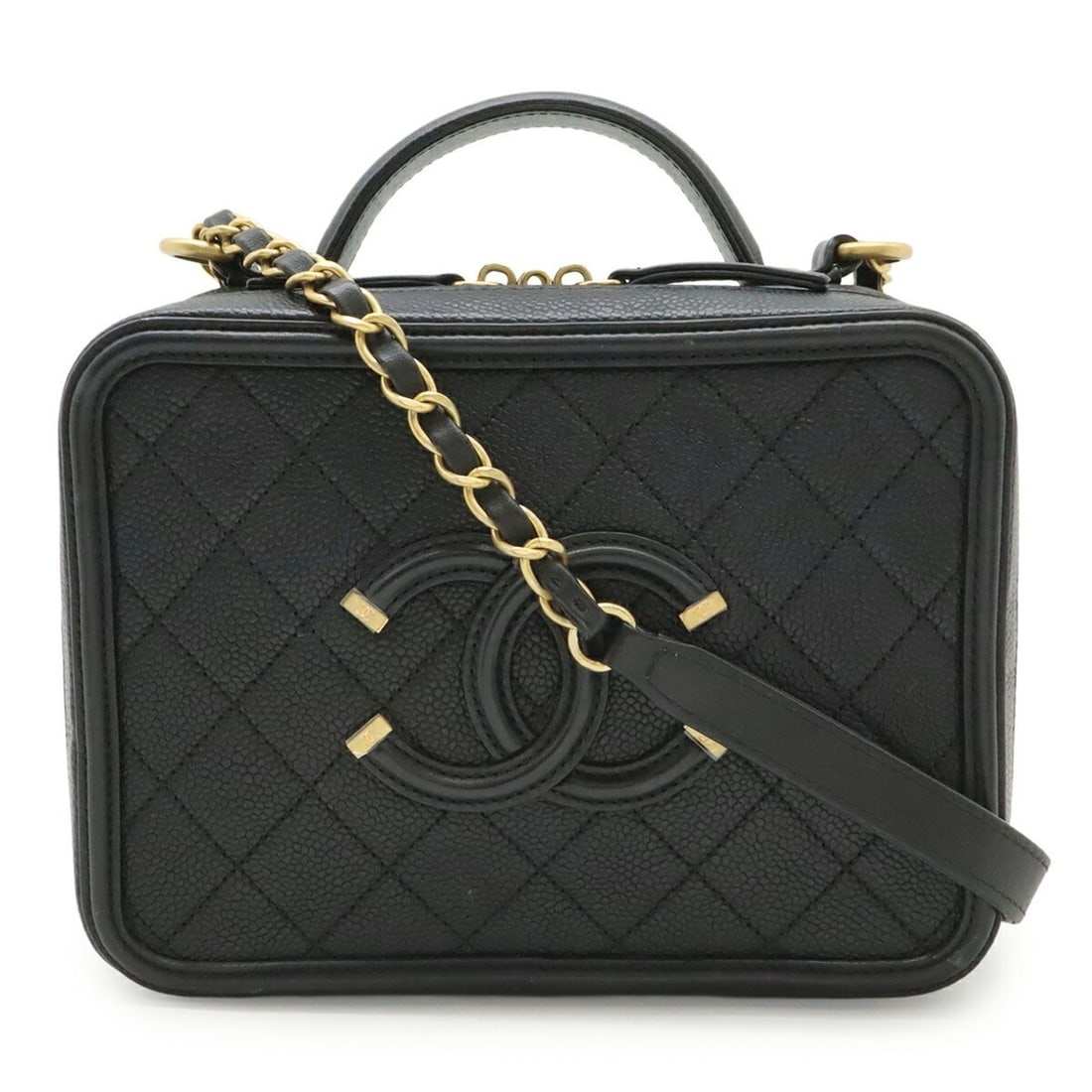 CHANEL CC Filigree Matelasse Vanity Case Handbag with Chain Shoulder Strap, Caviar Leather, Black, (1 of 13)