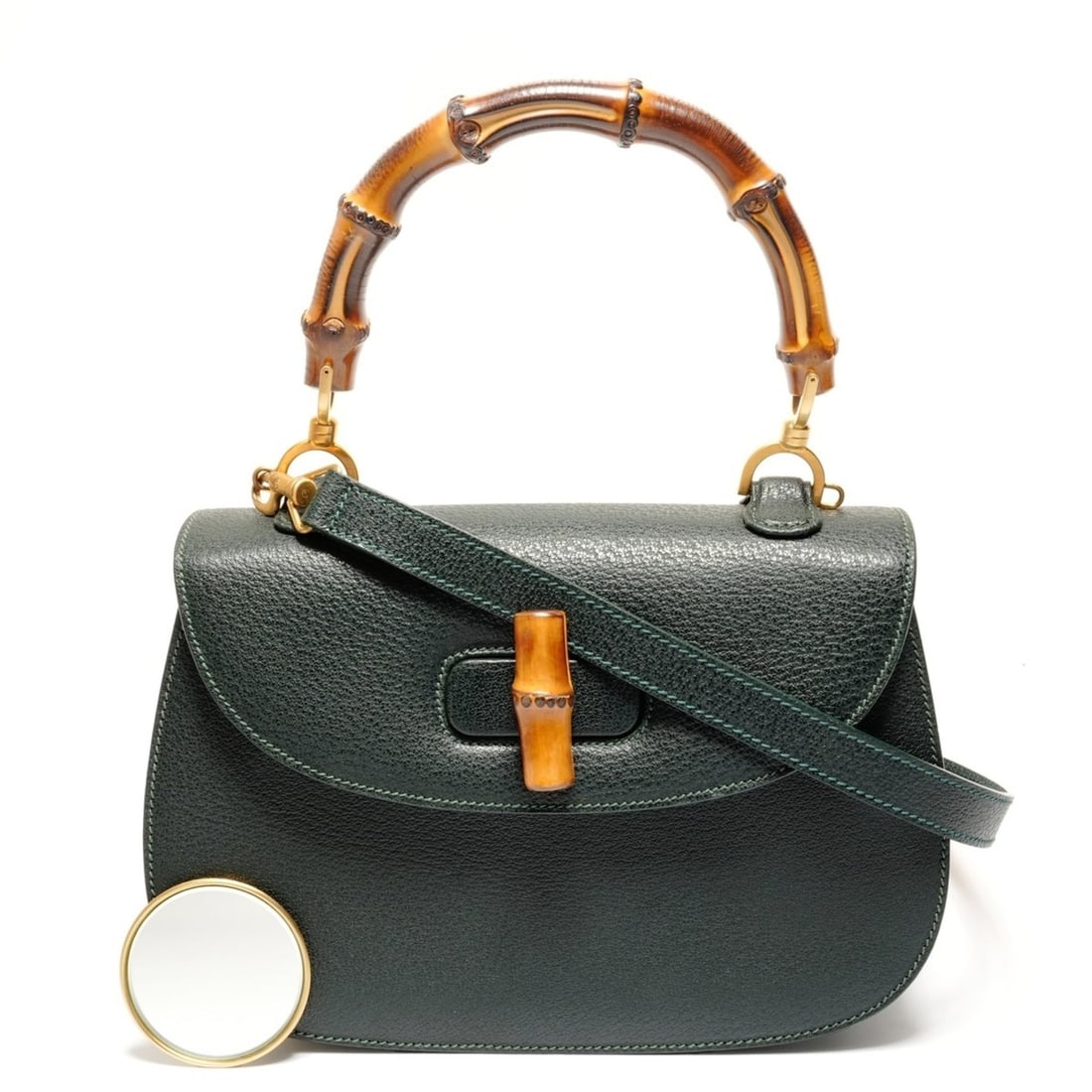 Gucci calf leather and bamboo top handle shoulder bag, green, WS26720: --- Catalog ---Category: SizeHandle Drop: 13.00cm / 5.12''Size (HxWxD): 19cm x 26.5cm x 7cm / 7.48'' x 10.43'' x 2.75''Strap Length: 103cm / 40.55''Category: DesignType: Shoulder bagColor: GreenGender