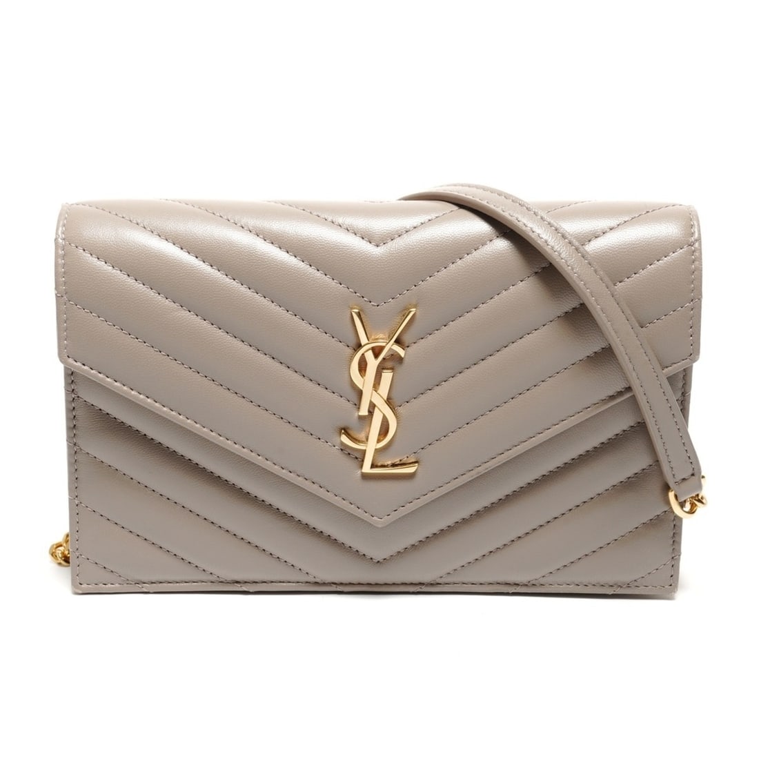 Yves Saint Laurent Cassandra Leather V-Stitch Chain Wallet Shoulder Bag, Gray, WS27415: --- Catalog ---Category: SizeSize (HxWxD): 12cm x 19cm x 4cm / 4.72'' x 7.48'' x 1.57''Strap Length: 122cm / 48.03''Category: DesignType: Shoulder bagColor: GrayGender: WomenMaterial: Leather Category